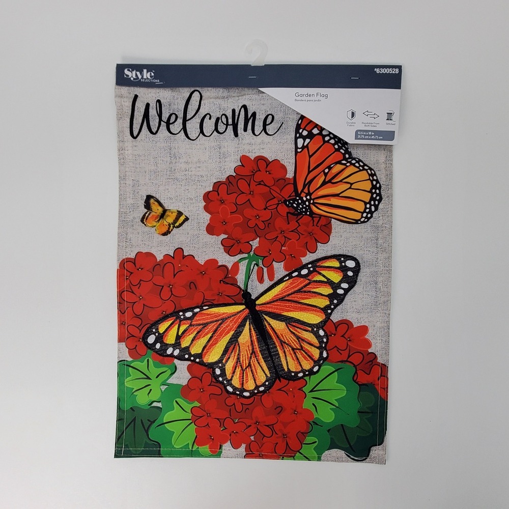 Style Selections Welcome Garden Flag Monarch Butterfly Red‎ Flowers 12.5x18